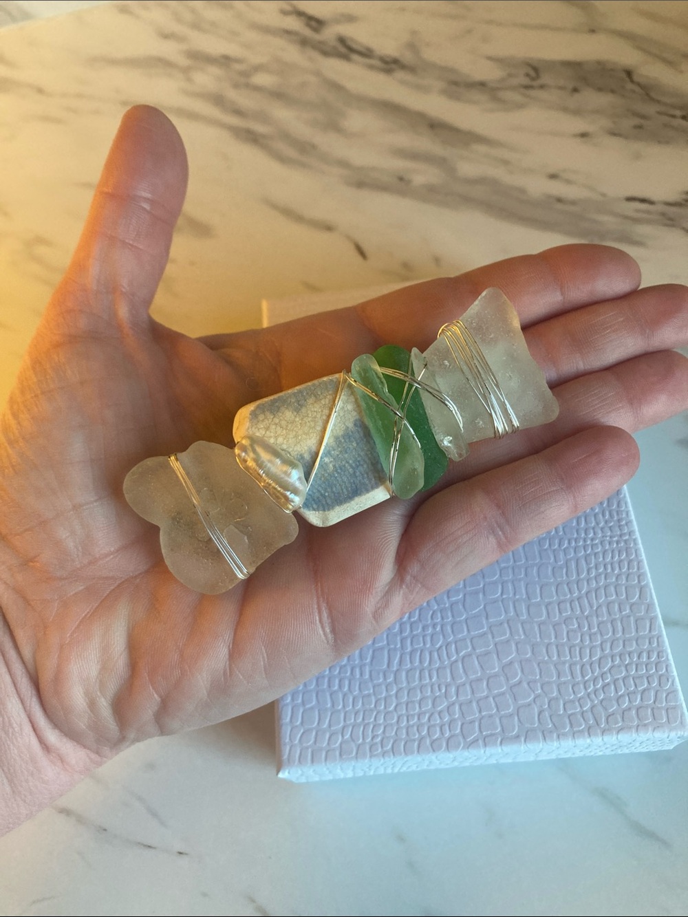 Handcrafted Green & White Sea Glass Decorative Hair Barrett with Silver Wire